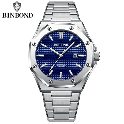 BINBOND Men's Watch Top Brand Royal Casual Men Big Dial Silver Stainless Steel Calendar Quartz Wristwatch Classic Luminous B0233