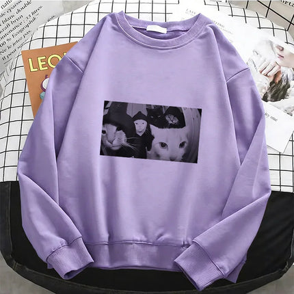 Streetwear Smoking Cat Hoodies Hip Hop Fleece Sweatshirt Soft Breathable O-Neck Pullover Casual Female Clothes