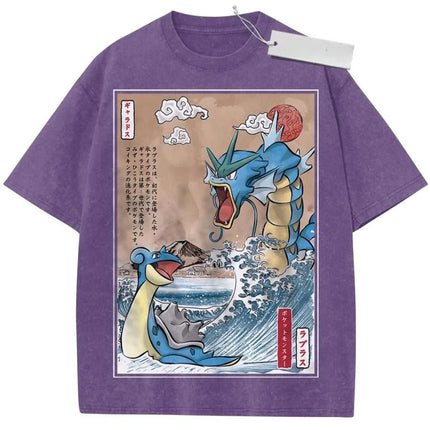 T Shirt Sports T Shirt Short Sleeve T Shirt Multi Color Unisex Pure Cotton Washed Retro Pokemon Gyarados and Lapras Print