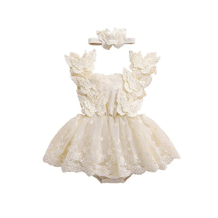 Infant Baby Girls Princess Rompers Dress Lace Butterfly Fly Sleeve Mesh Skirt Hem Jumpsuits with Headband Birthday Party Outfit