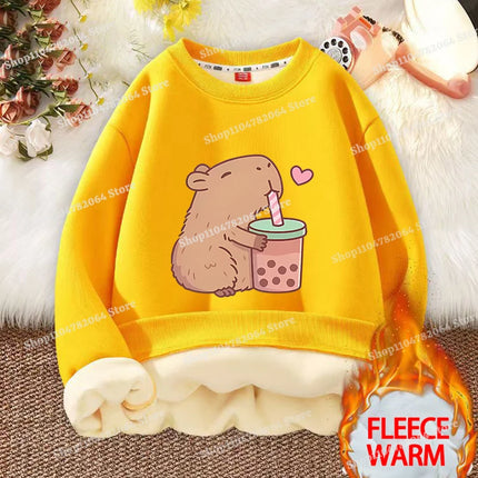 Kawaii Capybara Children's Clothing Lamb Wool Sweatshirt Boys Girls Winter Warm Thick Long Sleeved Pullover Hoodies Anime Gifts