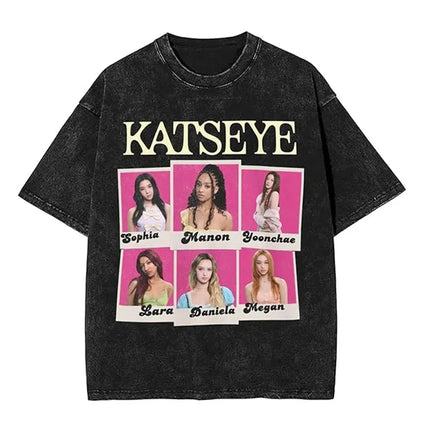 KATSEYE Merch Washed Graphic Print TShirt Men Women Short Sleeve Fashion Tshirts Oversized Crewneck Loose Cotton Tee Streetwear