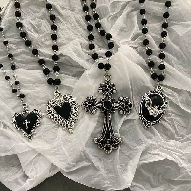 Vintage Gothic Bat Cross Dark Pendant Necklace Y2K Personalized Thorn Love Black Bead Stacked Necklace Suitable Halloween Gifts