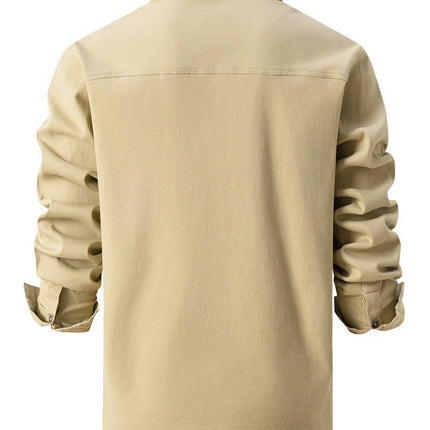 Fashion Men's Business Casual Long Sleeve Shirt with Double Pockets Turn-down Collar Office Work Wear Outdoor Utility Clothing