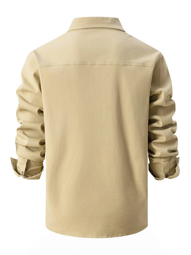 Fashion Men's Business Casual Long Sleeve Shirt with Double Pockets Turn-down Collar Office Work Wear Outdoor Utility Clothing