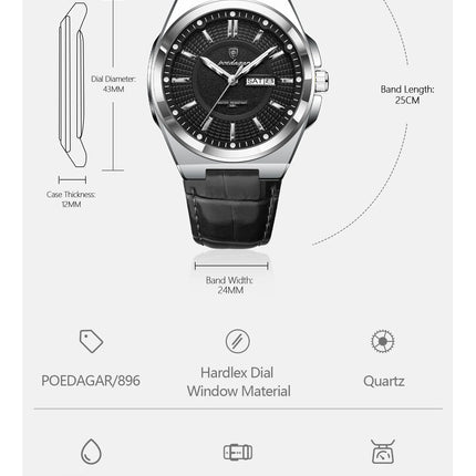 POEDAGAR Trendy Sport Men's Wristwatch Waterproof Luminous Date Week Business Fashion Men's Quartz Watches Leather Men's Watch Reloj