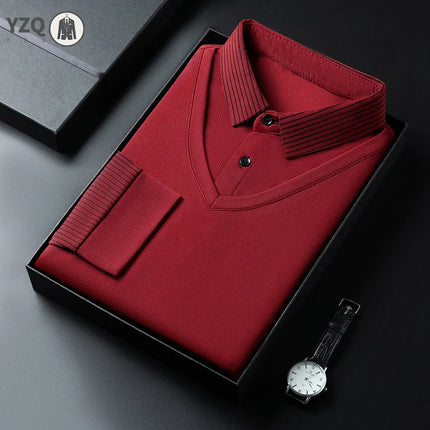 Men's Casual Fashion Long Sleeve Solid Color Polo Shirt 2025 Business Versatile Top All Season Fake Two-Piece