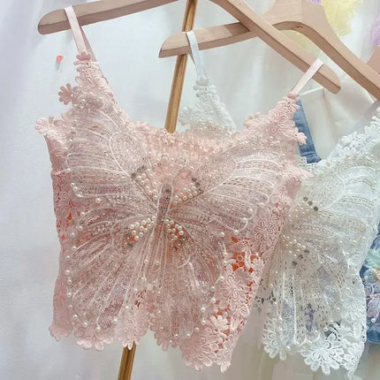 Women's Clothing Heavy Beaded Floral Tank Sexy Crop Tops Ropa Mujer Lace Butterfly Top Navel-Baring Sexy Cropped Top Summer Camis