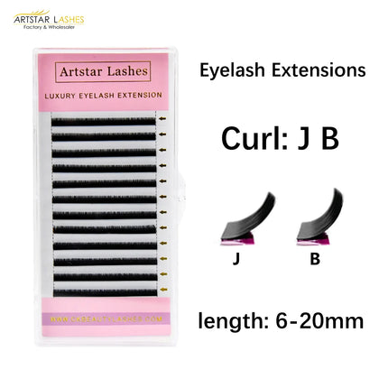 ARTSTAR 12 Rows/Tray False Eyelashes J B Curl 6-20mm Eyelash Extensions Matte Black Lashes Makeup Tool