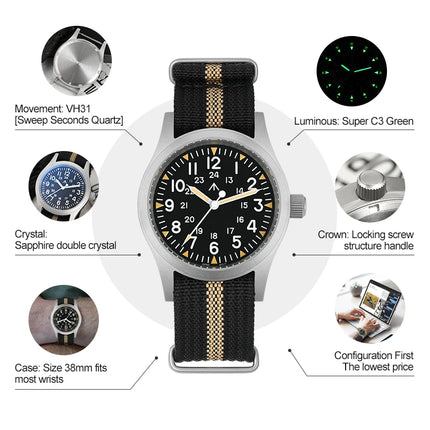 Militado ML05 Vintage Watch VH31 Sweep Second Movement Domed Sapphire Crystal With High Clear AR Coating Luminous 38mm Watches