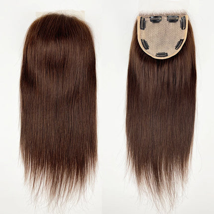 Medium Brown Silk Base Lace Closure With Clips In 5x5inch Silk Top Topper with Natural Bangs European Remy Human Hair Toupee