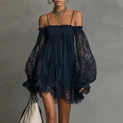 Boho Spring Off Shoulder Hollow Lace Dress Woman Elegant Puff Sleeve Ruffle Party Dresses Summer A-line Casual Holiday Mini Robe