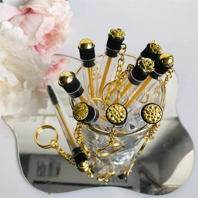 Gold Eyelash Brushes Spoolies Reusable Lash Mascara Wands In Tubes Eyebrow Comb Container Applicators Tools With Keychain