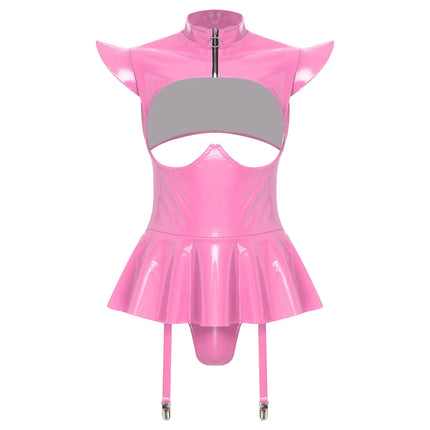 Womens Lingerie Latex Glossy Bodysuit Halter Zipper Crotch with Skit Hem And Garters Jumpsuit Raves Party Sexy Clubwear Costume