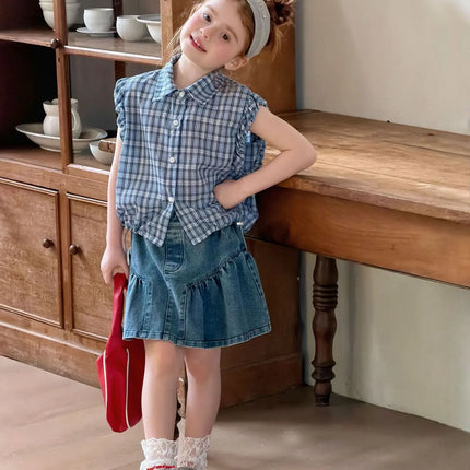 2-7Y Summer Casual Children Sleeveless Blouse Blue White Plaid Girls Ruffle Style Shirt Lightweight Breathable Kids Clothes