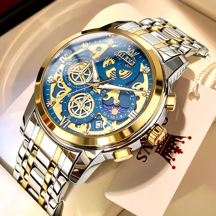 OLEVS 9947 Men's Watches Top Brand Luxury Original Waterproof Quartz Watch for Man Gold Skeleton Style 24 Hour Day Night New