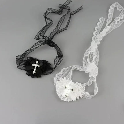 Black White Cross Eye Mask Women Lolita Heart Bowknot Lace Necklace Eye Patch Gothic Vibe Eyewear Punk Cosplay Party Accessories