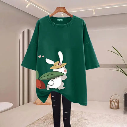 Women Clothing Fashion Rabbit Cartoon Print T-shirts Summer Pure Cotton O-neck Short Sleeve Basic Top Tee Casual Loose Pullovers