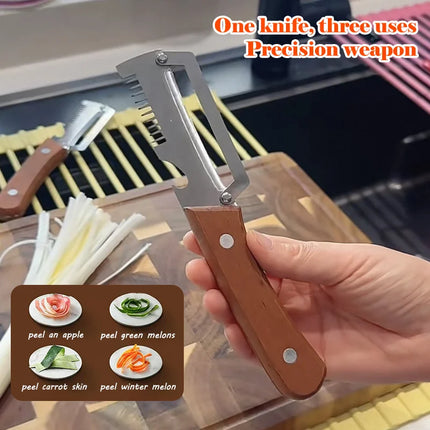 3-in-1 Serrated Peeling Knife  Premium Vegetable Peeler With Wooden Handle And Bottle Opener Kitchen Tool Smooth Operation