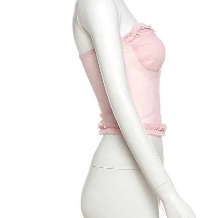 Nibber Folds Sexy Fishbone Strapless Tops Patchwork See Through Skinny Summer Backless Daily Street Versatile Sweet Clothes