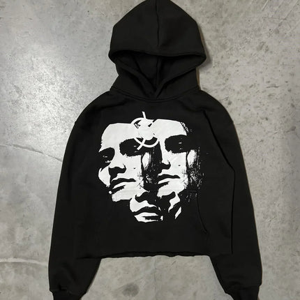 Trendy Retro Street Style Portrait Print Long Sleeved Loose Hoodie for Men and Women, Millennium Gothic Harajuku Style Pullover