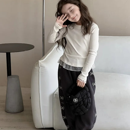 Girls Lace T-shirt 2024 Autumn New Slim Fit Girl Top Children Stylish Versatile High Elasticity Knitted Sweater