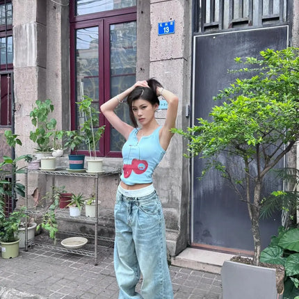 Blue Cherry Print Crop Top Women's Summer Slim Fit High Street Short Zipper Trendy Strap Vest Sweet Style 8-24 Years Old