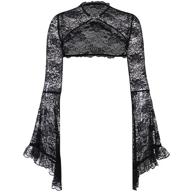 Women's Hollow out Crop Tops Chic Gothic Lace Smock Tops False Collar Ladies Flare Sleeves Cover Ups for Dating Party