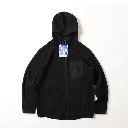 Warm Fleece Outdoor Hooded Open Cardigan Sweatshirt Sporty Casual Wave Patterned Men's Jacket Youth Winter Leisure Wear