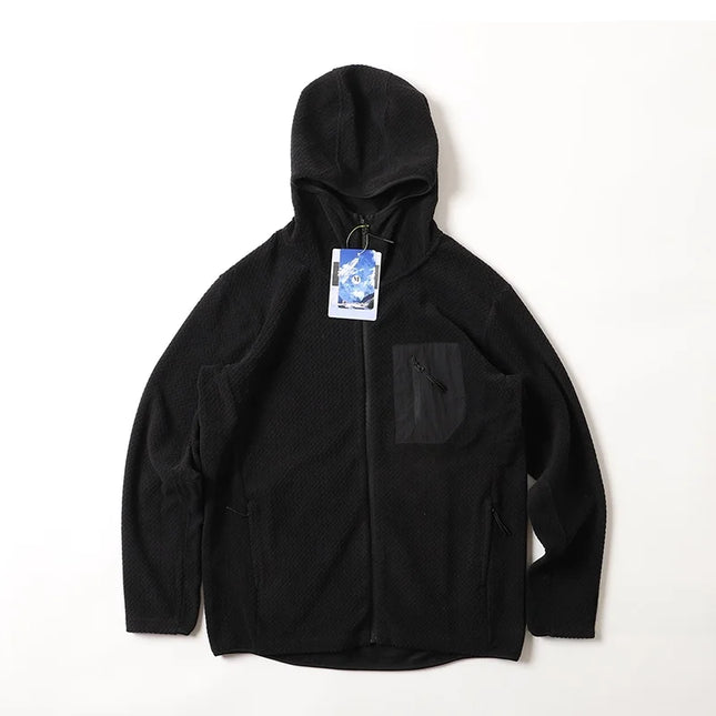 Warm Fleece Outdoor Hooded Open Cardigan Sweatshirt Sporty Casual Wave Patterned Men's Jacket Youth Winter Leisure Wear