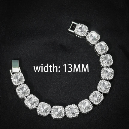 HipHop Men Women 13MM Prong Cuban Link Chain Bracelet Bling Iced Out 2 Row Rhinestone Paved Miami Rhombus Cuban Chain Jewelry