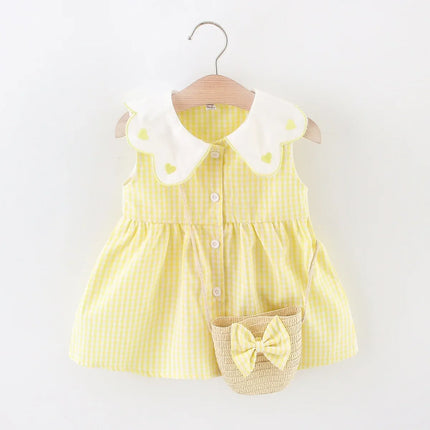 2PCS/SETSummer Girls' Dress New Foreign Trade Sweet Love Embroidered Lapel Simple Plaid Tank Top Skirt Strap Bag