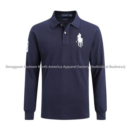 Long Sleeve Pure Cotton Polo Shirt Men's Embroidered Polo Neck T-Shirt Casual Spring Autumn British Style Loose Fit Solid Color