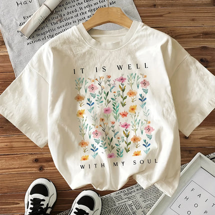 Short-Sleeved Round-Neck Women's T-Shirt with a Floral Print Featuring the Phrase "It Is Well with My Soul" Graphic Tops