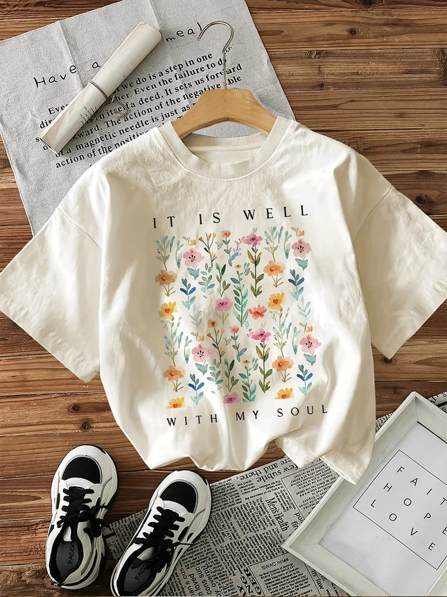 Short-Sleeved Round-Neck Women's T-Shirt with a Floral Print Featuring the Phrase "It Is Well with My Soul" Graphic Tops