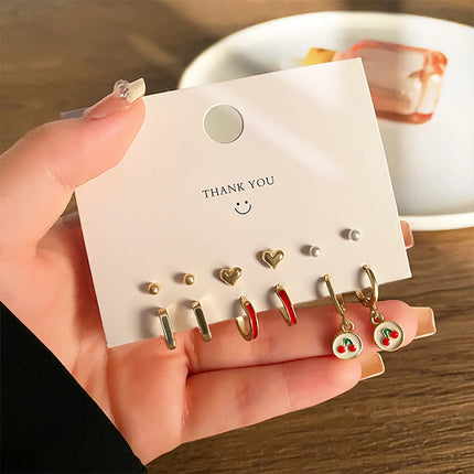 6pcs Set Korea Trend Oil-dripping Heart-shaped Butterfly Imitation Pearl Hoop Earrings Stud Earrings for Women Cute Jewelry Sets