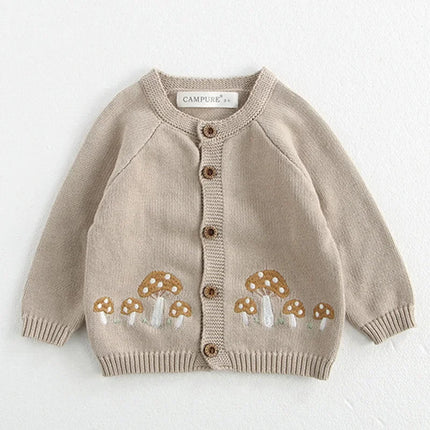 Autumn Baby Boys Kint Cardigan New Winter Baby Girls Knitted Sweaters Embroidery Mushroom Toddlers Kids Cotton Cardigan Coats