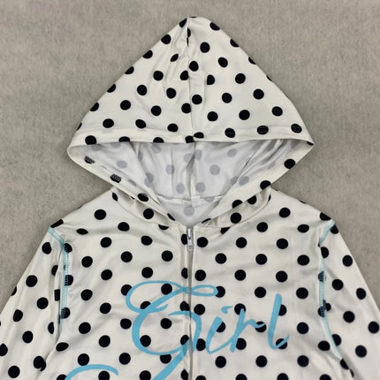 Retro Y2K Style Polka Dot Hooded Zip Up Top Women With Girl Print Design For Summer Casual Daily Wear