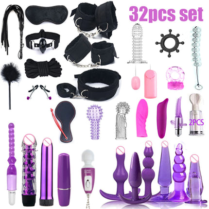 BDSM SexLove Set Kits Adults Sex Toys for Women Men Handcuffs Nipple Clamps Whip Spanking Sex Metal Anal Plug Vibrator Butt