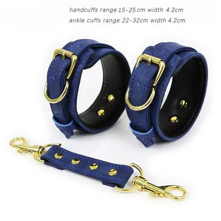 Premium Grain Blue Bondage Kit Restraints Set Handcuffs Erotic Wrist Ankle Cuffs Collar with Leash BDSM Fetish Sex Adult Games