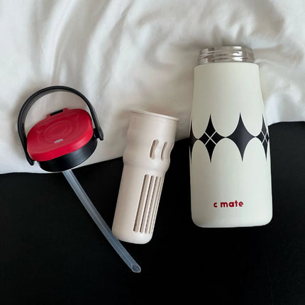 600ML Ceramic Inner Insualted Water Bottle Vaccum Thermos Bottle With Tea Infuser And Straw Portable Outdoor Thermal Tumbler