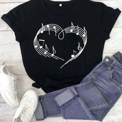 Fashion Women T Shirt Musical Note Printed T Shirt Casual Black Tops 90s Ladies Girls Tee Shirt Female Harajuku Graphic T-shirt