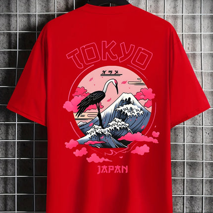 Men's Summer 100% Cotton Tokyo Casual Pattern Printed Fashionable Loose Round Neck Short Sleeve T-Shirt Top