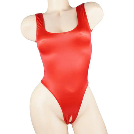 Satin Glossy Leotards One Piece Swimsuit Sexy High-Cut Open Crotch Bikini Thong Bodysuit Shiny Women Lingerie Plus Size