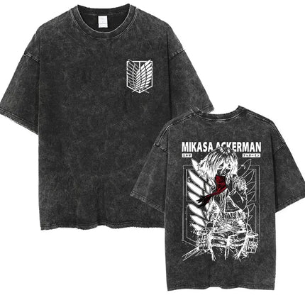Anime Attack on Titan Vintage Washed Print T-shirt Mikasa Ackerman Eren Jaeger Wings of Freedom Logo Men's Summer Cotton T-shirts