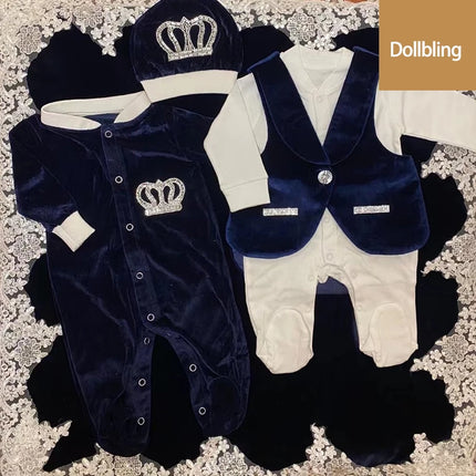 Royal Blue Velvet Baby Romper Outfits Set Welcome Home Nursery Infant Nest Luxury Crown Receiving Blanket Outfit Set