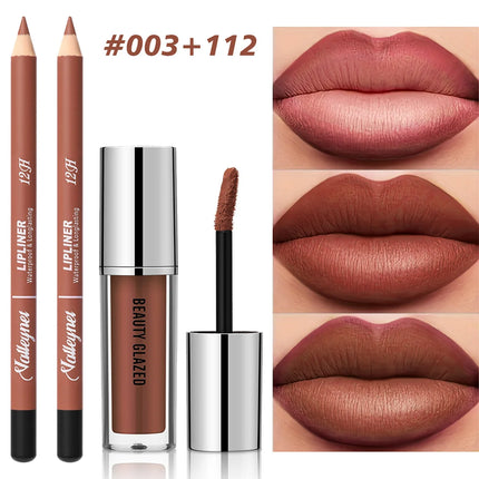 2Pcs/Set Lip Liner + Lipstick, Pink Brown and Purple, Long-lasting Matte, Waterproof and Easy to Apply, Create Daily Makeup