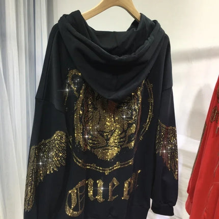 Vibrant Tiger Rhinestones Zip Up Plus Size Hoodies for Women Men Winter Autumn Luxury Big Size Hooded Sweatshirt with Zipper
