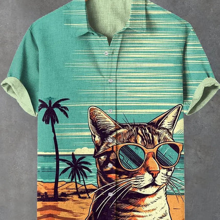 Men's Funny Cat Print Beach Shirts 3D Full Print Hawaiian Shirt for Men Women Summer Short Sleeve Lapel Aloha Shirt Blouse