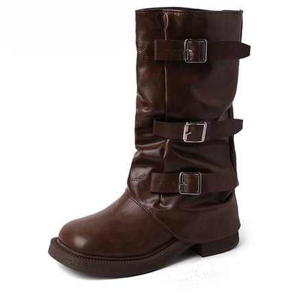 Autumn Winter Vintage Woman Knight Knee High Boots Shoes Ladies Elegant Thick Low Heel Belt Buckle Western Cowboy Botas